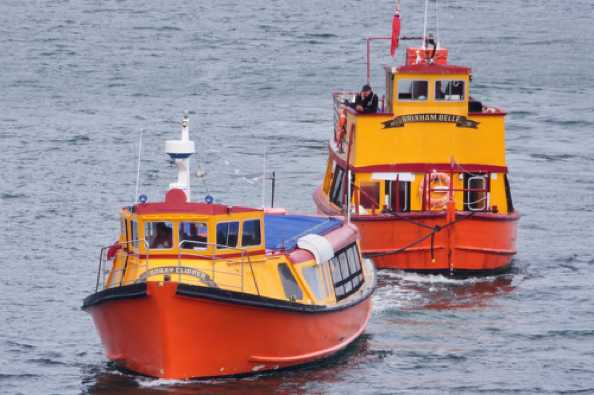 29 April 2020 - 16-33-53 
Certainly it's a colour scheme to catch the eye. The two craft from WeFerry arrive in the river. In front is Torbay Clipper towing Brixham Belle.
----------------------
Torbay ferries: Torbay Clipper & Brixham Belle